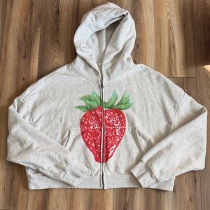 Light Gray Hoodie with Red Strawberry Graphic - Men's Zip-Up